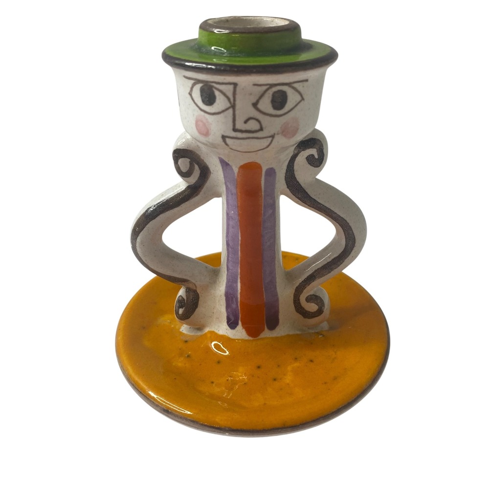 De Simone Italy MCM Figural Man Ceramic Candlestick Holder Green Orange Signed